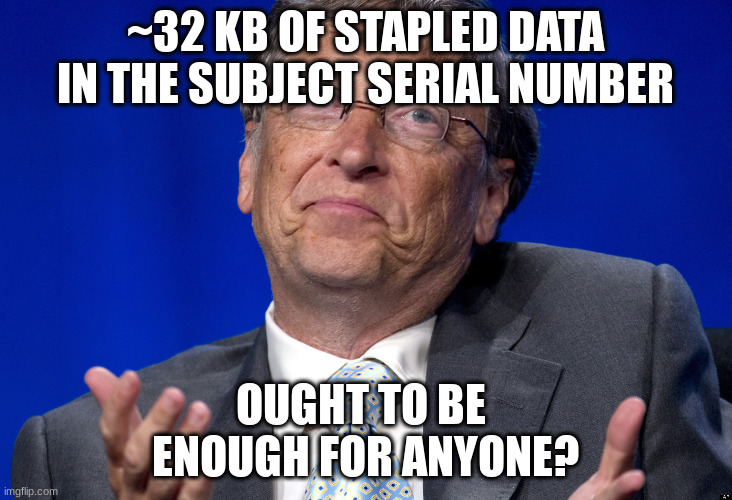~32 kB of stapled data in the Subject Serial Number ought to be enough for anyone?
